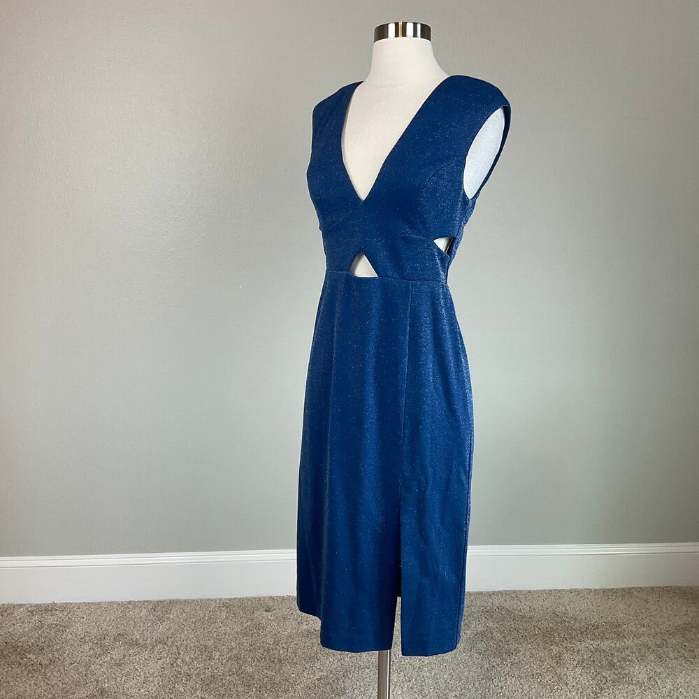 Aidan Mattox Blue Dress Metallic Cut Out Sleeveless Midi Sheath Size 4 - Picture 3 of 10